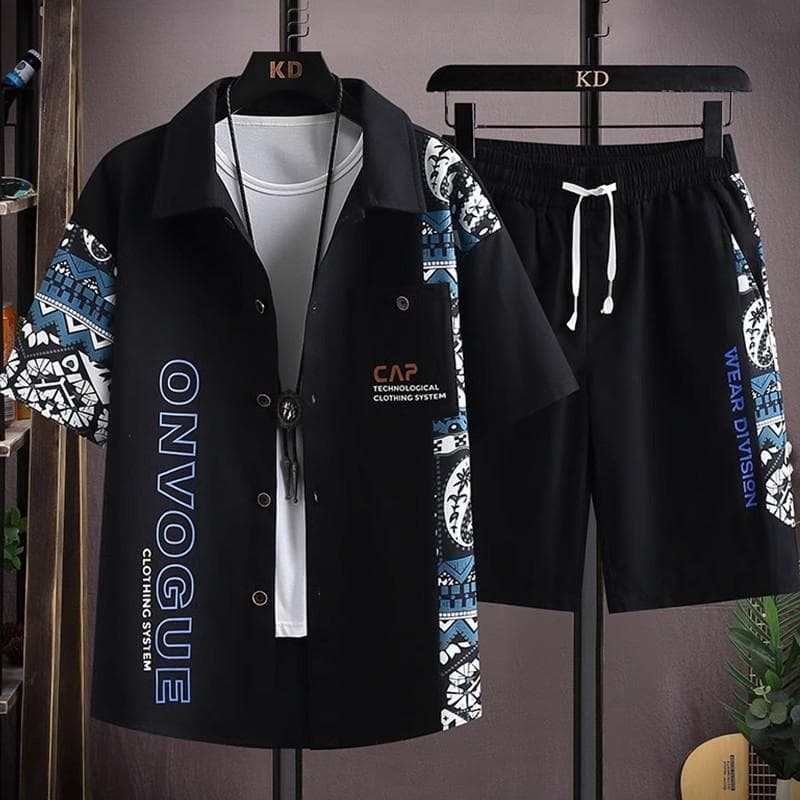 Fashion men's short-sleeved shirt suit men's summer tide design sense splicing printing casual sports shorts two-piece clothes 4XL black