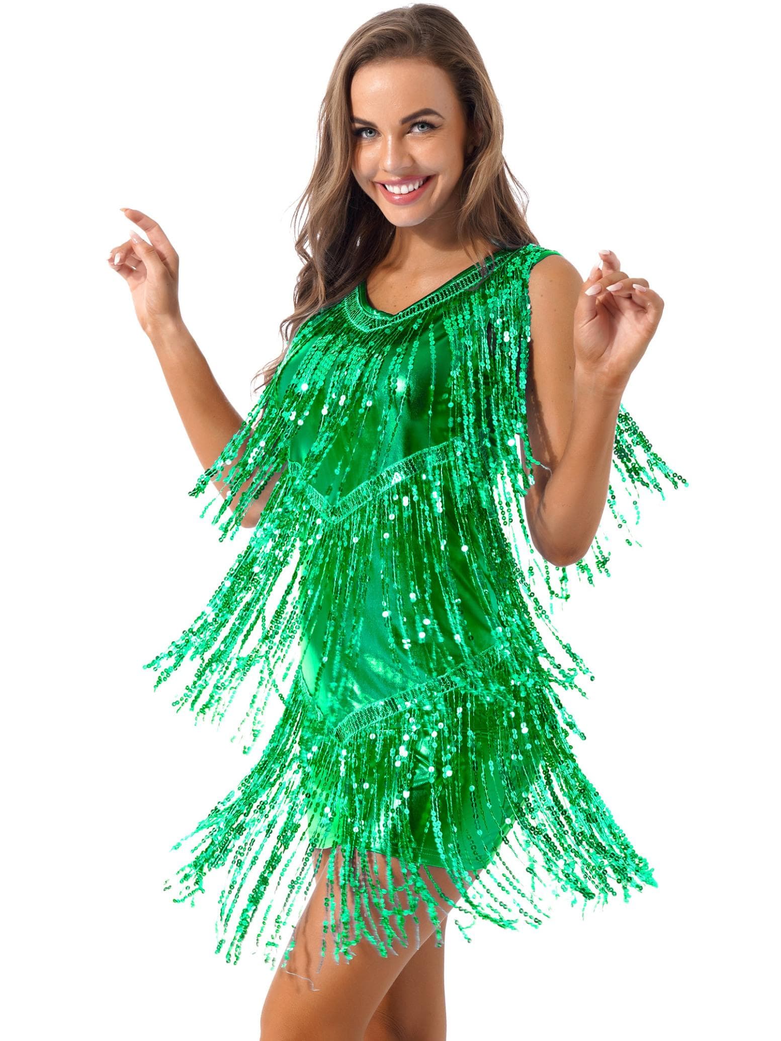 Women's Fancy Dress Dance Costume Cocktail Evening Gown Womens Clothing Summer Dresses Fringe Dresses L green