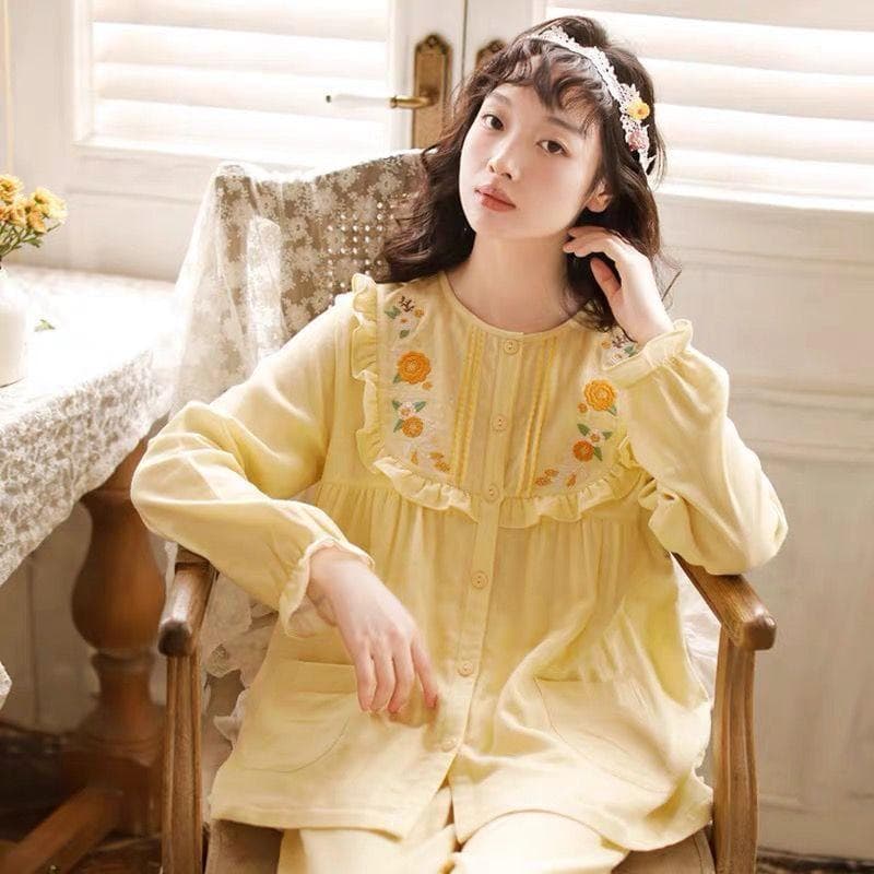 Japanese Sweet Princess Embroidered Home Clothes Women's Pajamas Long Sleeve Spring Autumn Pure Cotton Gauze Thin Loungewear Set 3XL