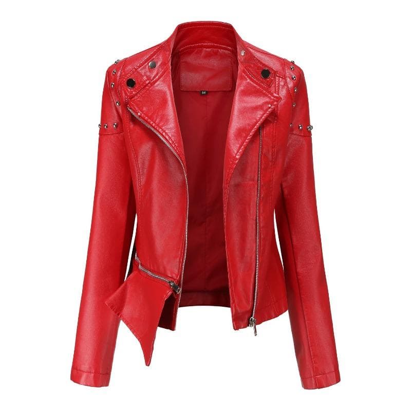 New Rivet Fashion Stand Collar Leather Coat Women's Solid Color Jacket Women's Spring and Autumn Coat Women's Rivet Leather Coat 2XL red