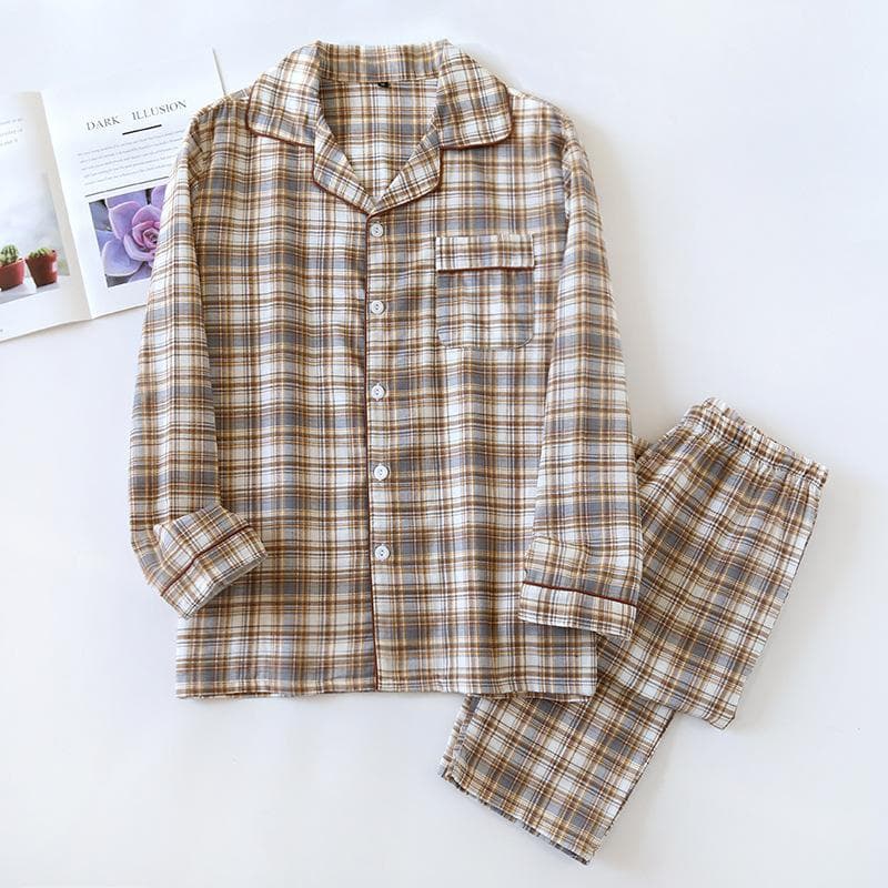 New Men's Pajama Set Spring and Summer Plaid Simple Long-sleeved Two-piece Set 100% Cotton Cardigan Home XL