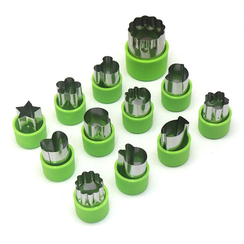 12pcs/set Vegetable Fruit Cutter Stainless Steel Flowers Cartoon Shape Mold Cake Biscuit Cutting Mold Kitchen Cookie Cutter Tool green