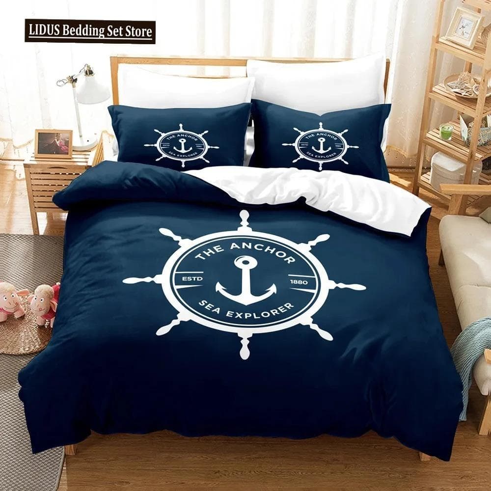 Nautical Bedding Set Ocean Anchor Decor Duvet Cover Sailor Pirate Captain Sea Adventure Bedspread Cover For Kids Boys Navy Blue EU Double 200x200cm