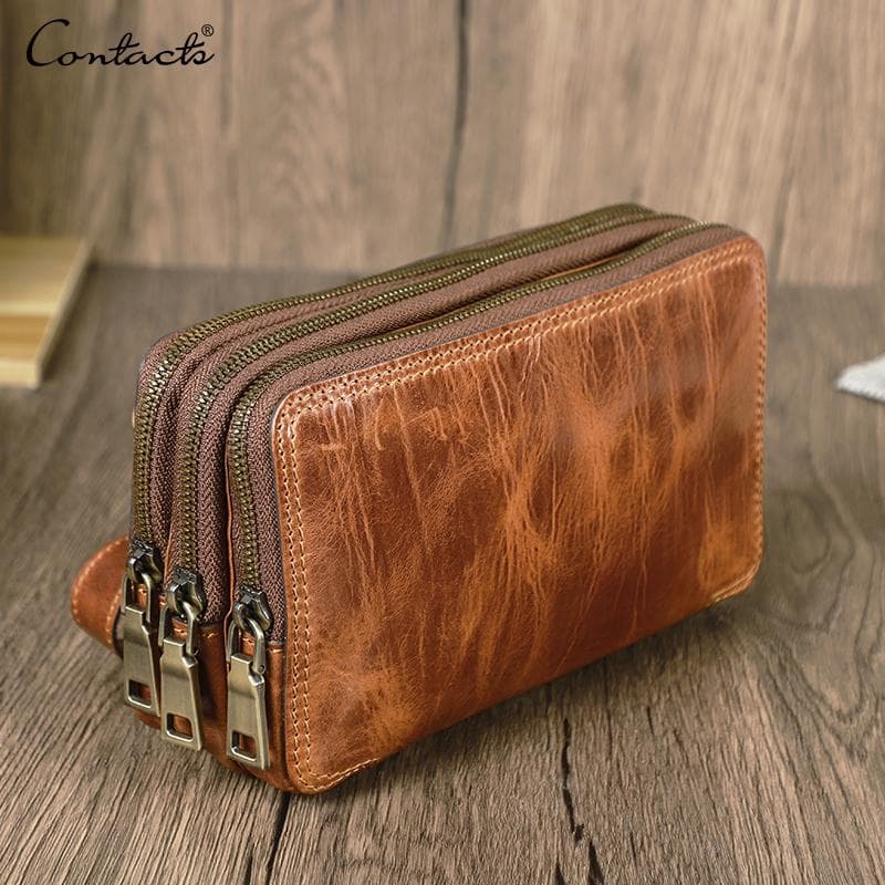 CONTACT'S Genuine Leather Clutch Wallets for Men Crossboday Bag Phone Bag Card Wallets Multi Zipper Design Handbag camel brown