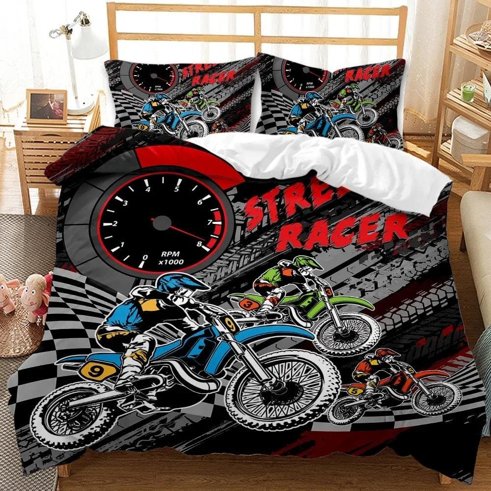 Motorbike Duvet Cover Set Motocross Rider Racing Motorcycle Dirt Bike Bedding Set Vehicles Extreme Sports Polyester Quilt Cover 70x133cm 2pcs