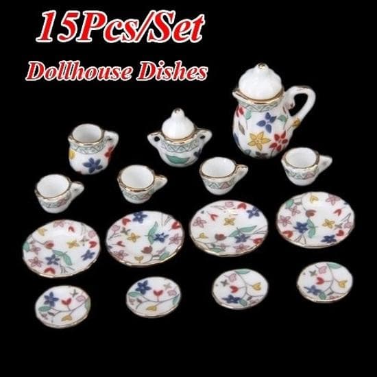 15 Piece Miniature Dollhouse Dinnerware Porcelain Tea Set Tableware Cup Plate multicolour