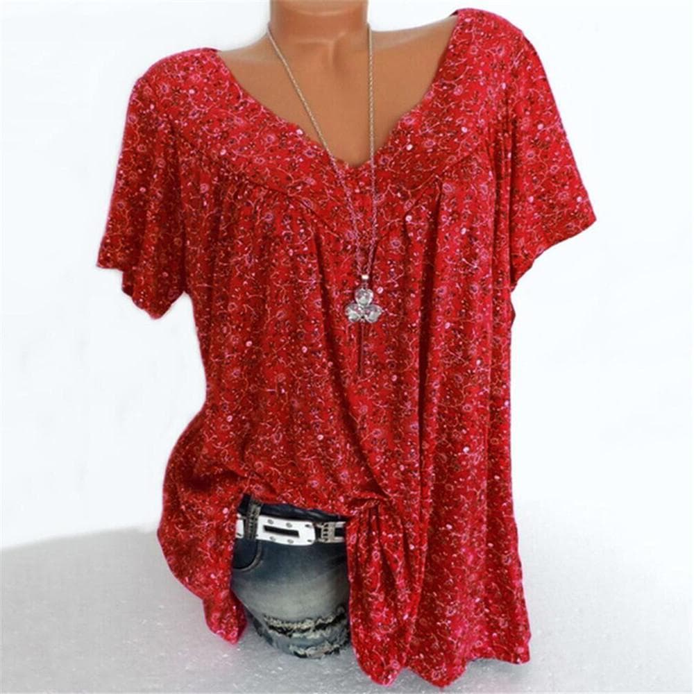GMXIA Women's Fashion Casual Summer Floral Print Short Sleeve V-Neck Blouses & Shirts XXXL claret