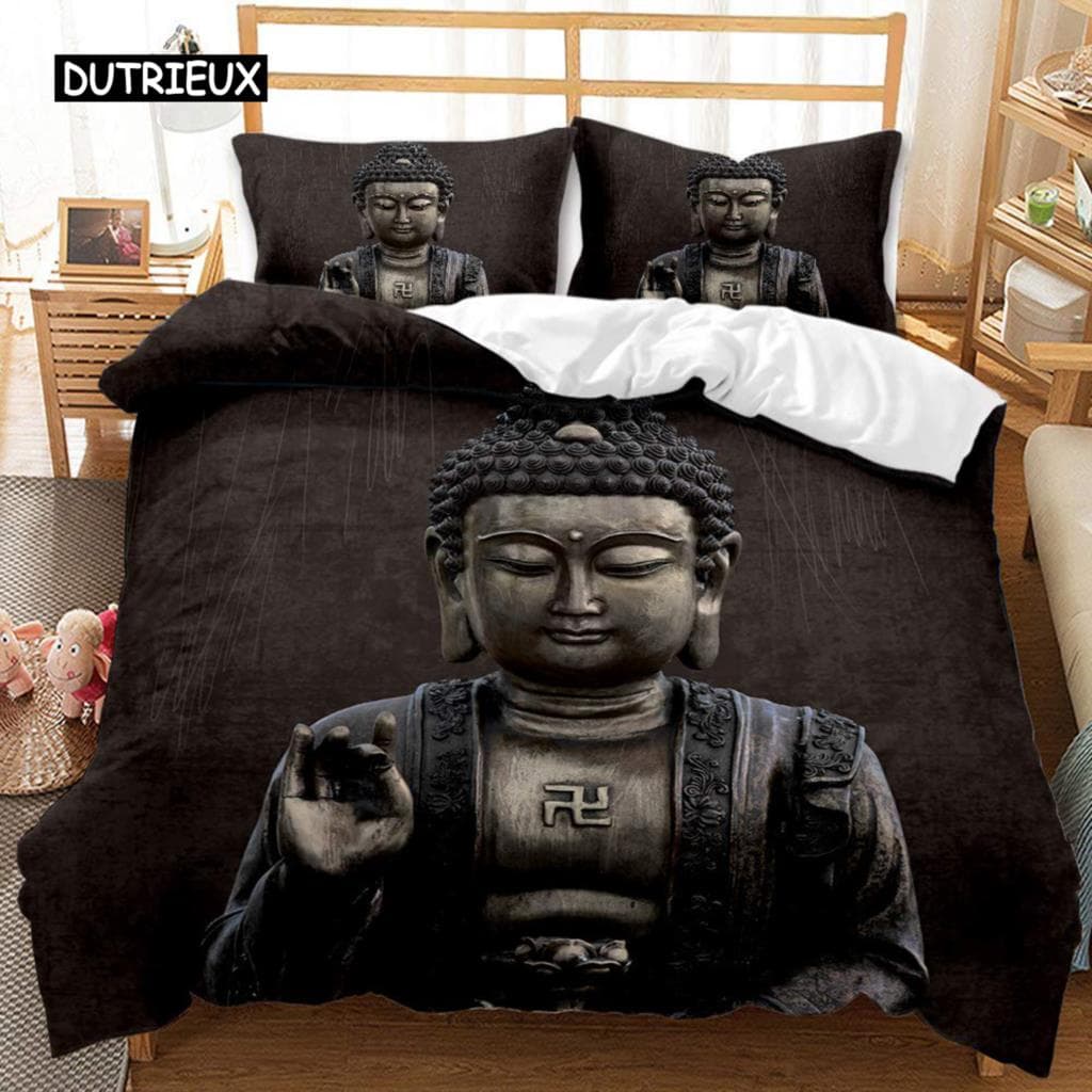 Buddha Duvet Cover Set King Size Golden Mandala Asian Culture Theme Bedding Set Microfiber Exotic Retro Style Comforter Cover AU Double(180x210cm)