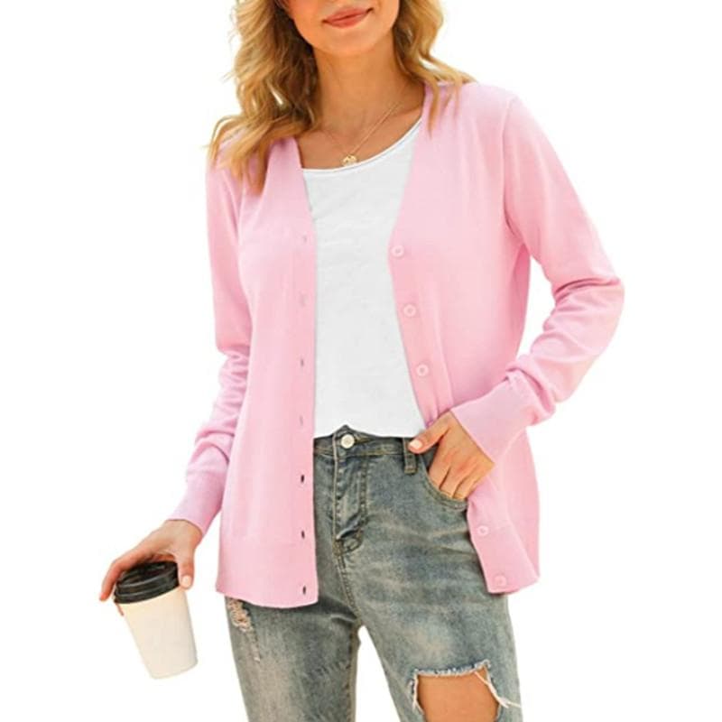 Women's Basic Long Sleeve Button Front Cardigan Sweater Knit Coat Tops Outerwear M pink
