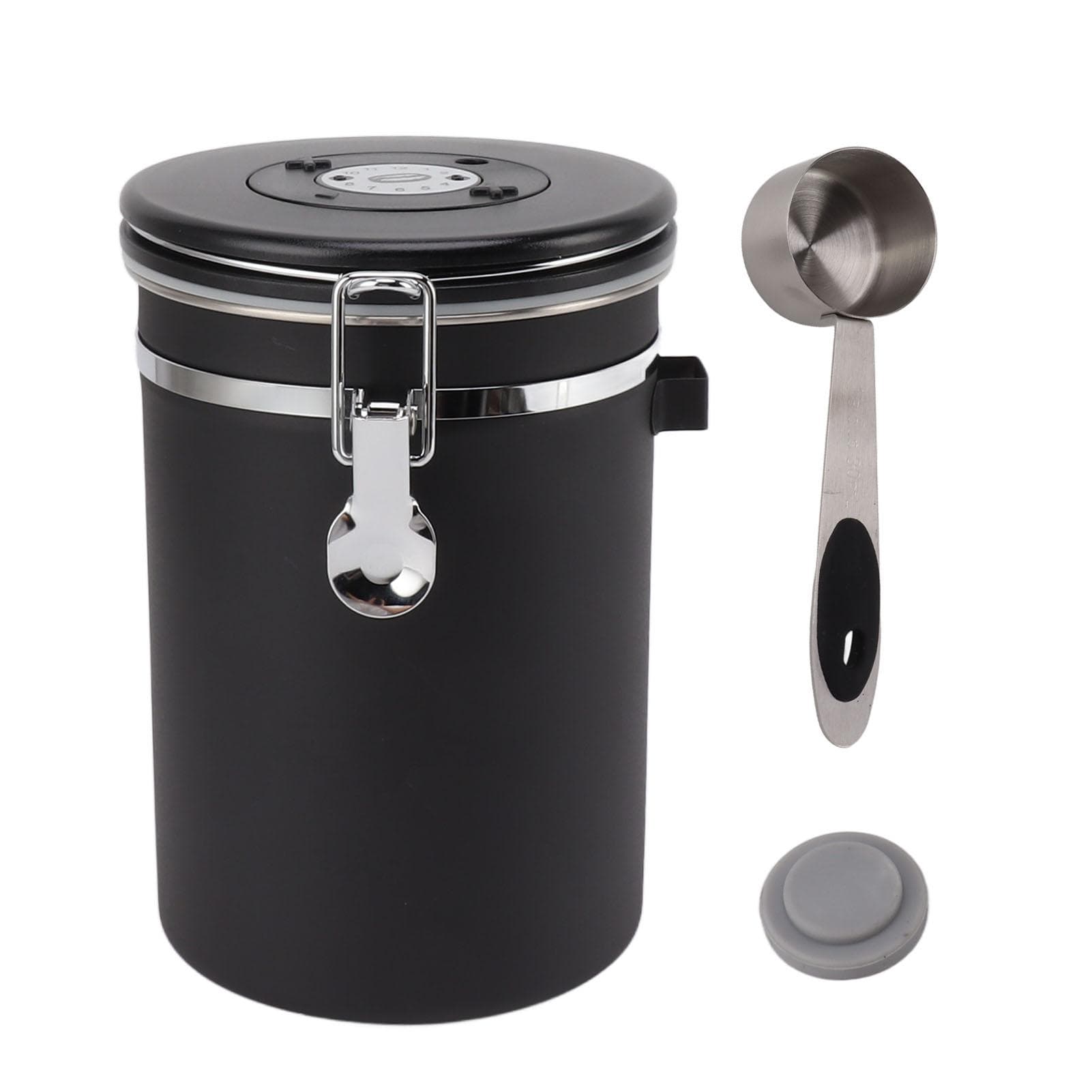 1.8L Coffee Sealed Container Stainless Steel Coffee Bean Storage Container with Spoon Black Black