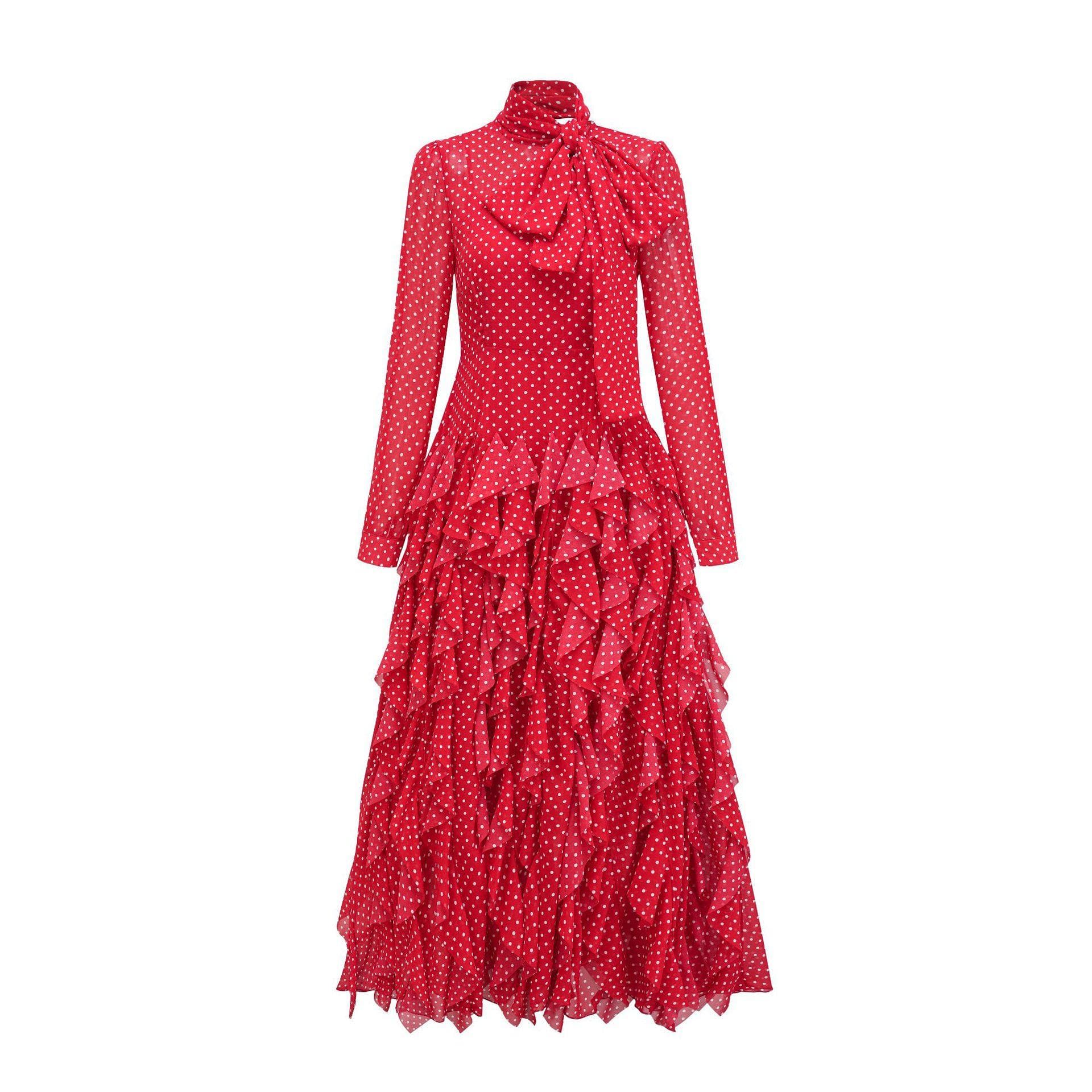White-collar Commuter Temperament Long Dress Polka Dot Half Turtleneck Long-sleeved Dress Annual Meeting Banquet Dress Skirt L red