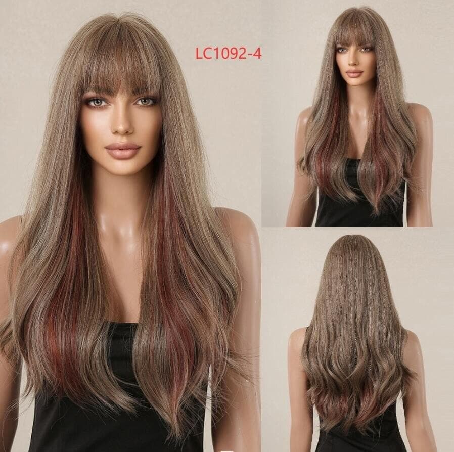HAIRCUBE Ombre Black Synthetic Wigs With Red Bangs Long Straight Layered Hair Wig for Women Cosplay Halloween Heat Resistant Wig