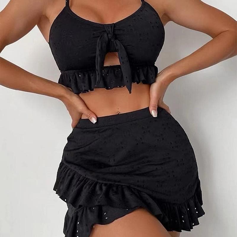 Solid Bikini Set High Waist Mesh Beach Style Swimwear Women Three-piece Flounce Summer Swimsuit Biquini Bathing Suit M black