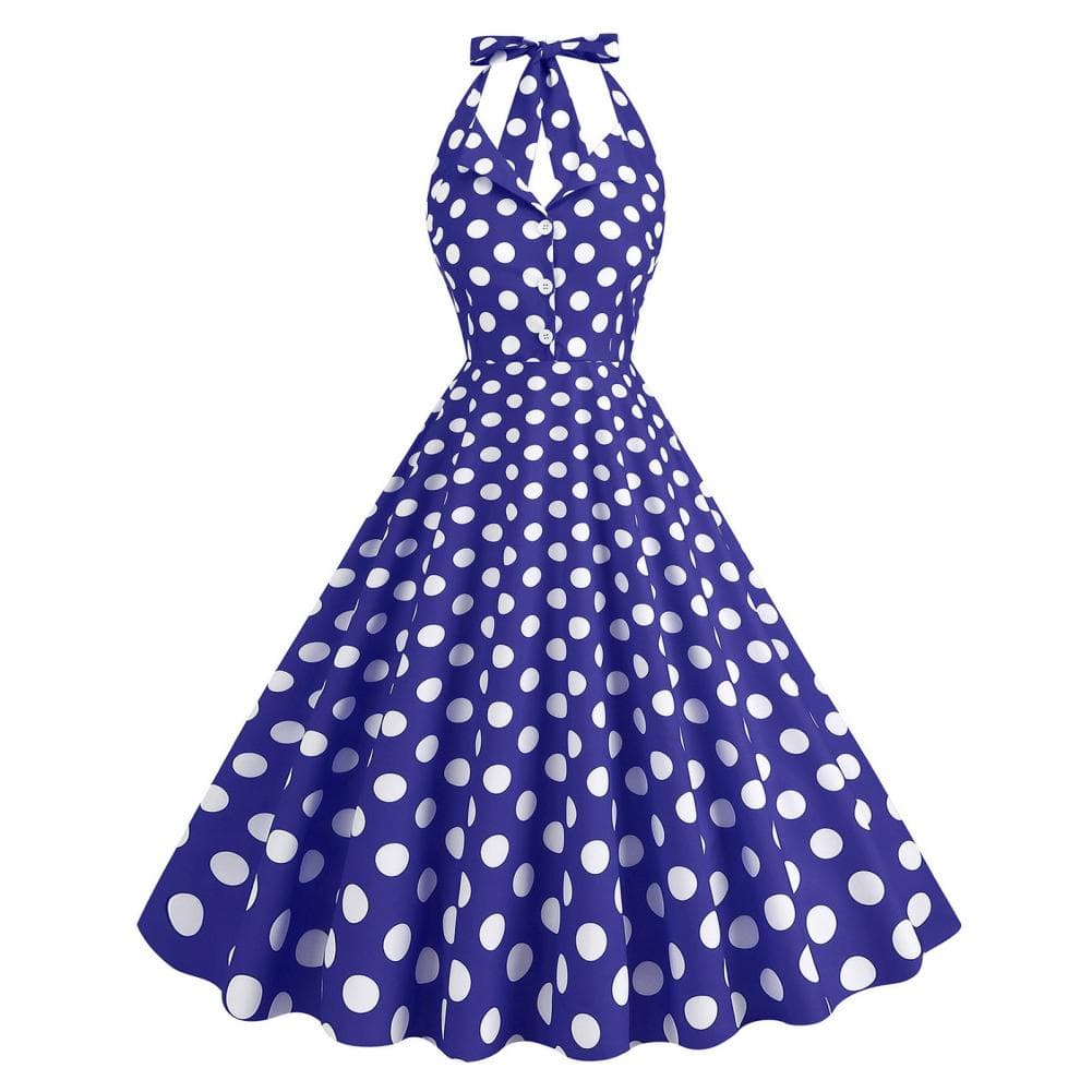 Women Evening Dress Retro Color Matching Dot Print A-line Big Swing Lace Up Backless Halter Neck V Neck Tight High Waist Button L dark blue
