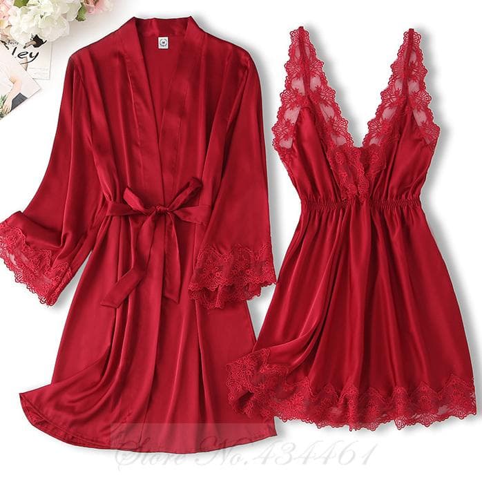 Black Lace Trim 2PCS Robe Nightgown Set Spring Summer Women Sleepwear Nightdress Sexy Bathrobe Underwear Loose Satin Home Wear M
