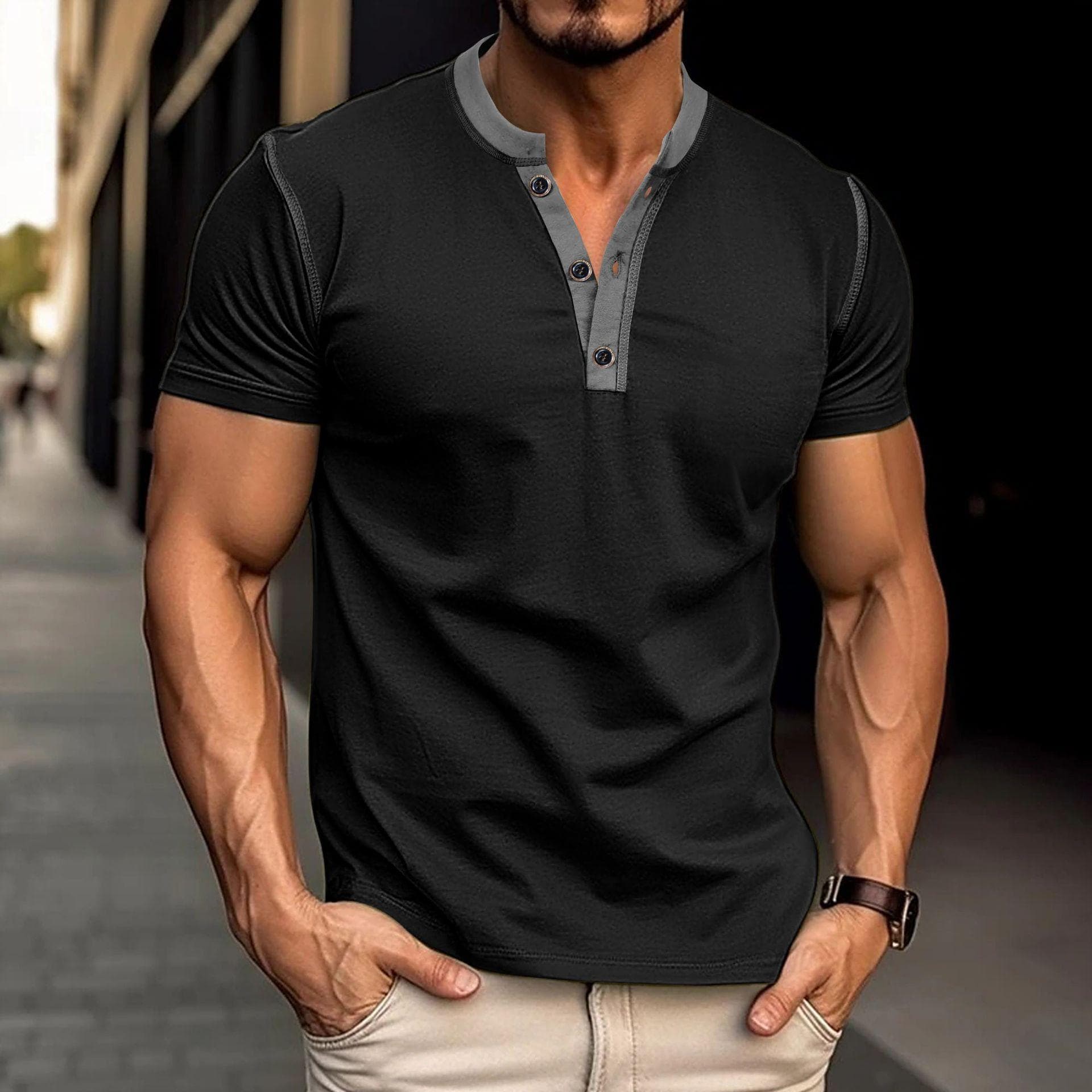 Men's Slim Fit Short Sleeve Vintage Henley Shirts Casual Basic Tops Summer Button Sports T-Shirts Athletic Workout Moisture Wicking Tee Shirt for Male S black