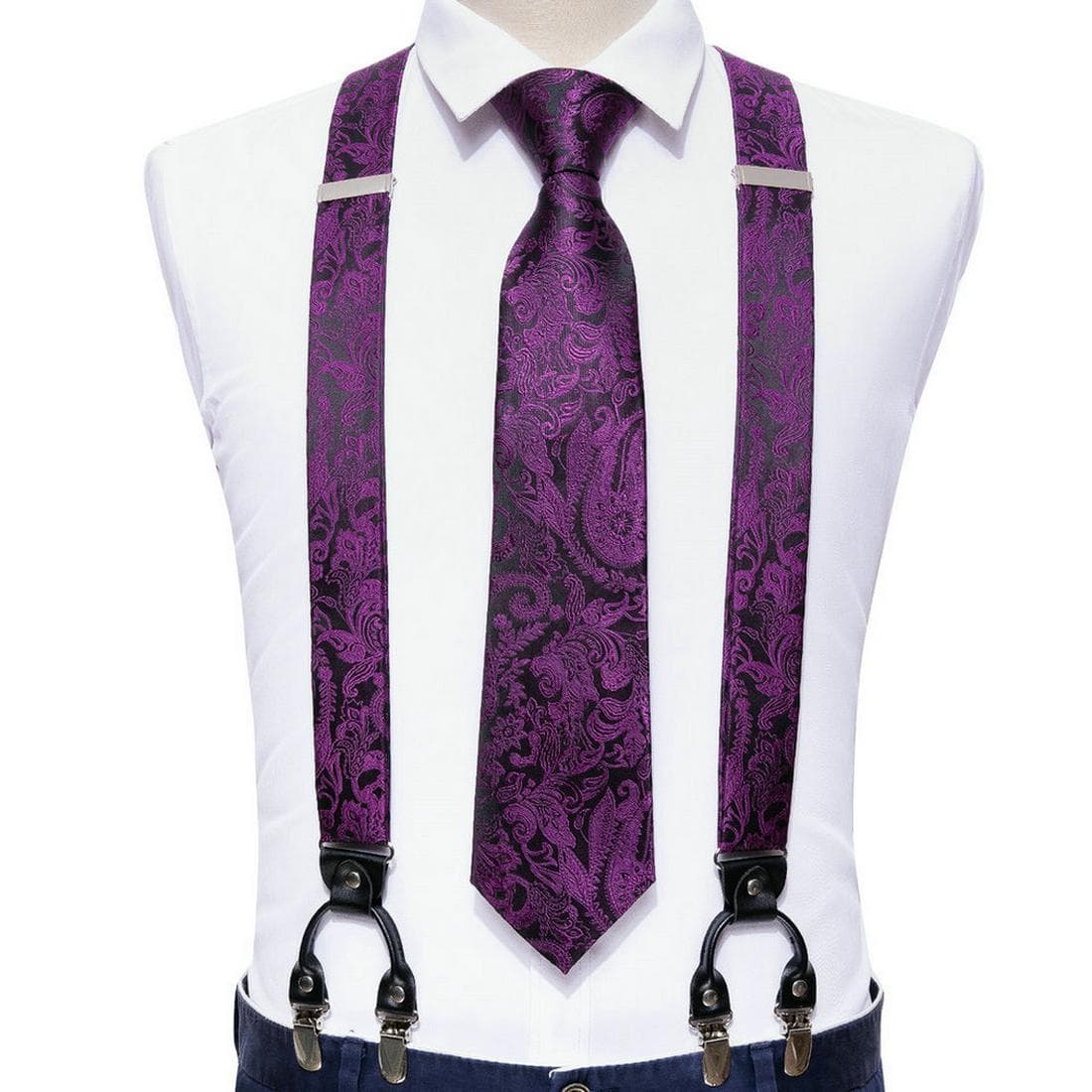 Fashion 6 Clip Men's Tie Suspenders 3.5cm Width Adjustable Elastic Strap Red Braces Suspender Silk Tie Set BJ-2023,N-5134