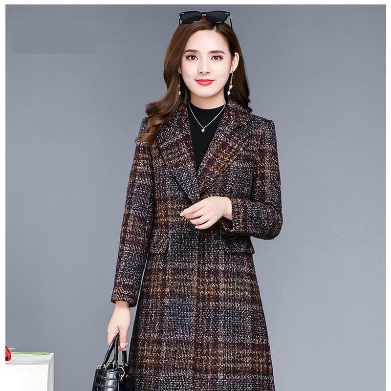 Thicken Plaid Woolen Jacket Women's 5XL Autumn Winter New Slim Mother Temperament Long Coat Warm Female Casual Overcoat M