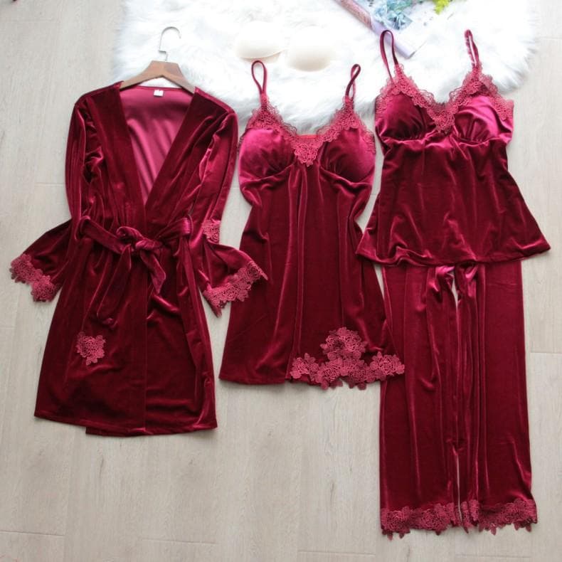 Autumn Winter Velvet Pajamas Four Piece Set Women Sleepwear Sexy Lace Trim Bathrobe Nightgown Loose Velour Homewear Pijamas Suit 2XL