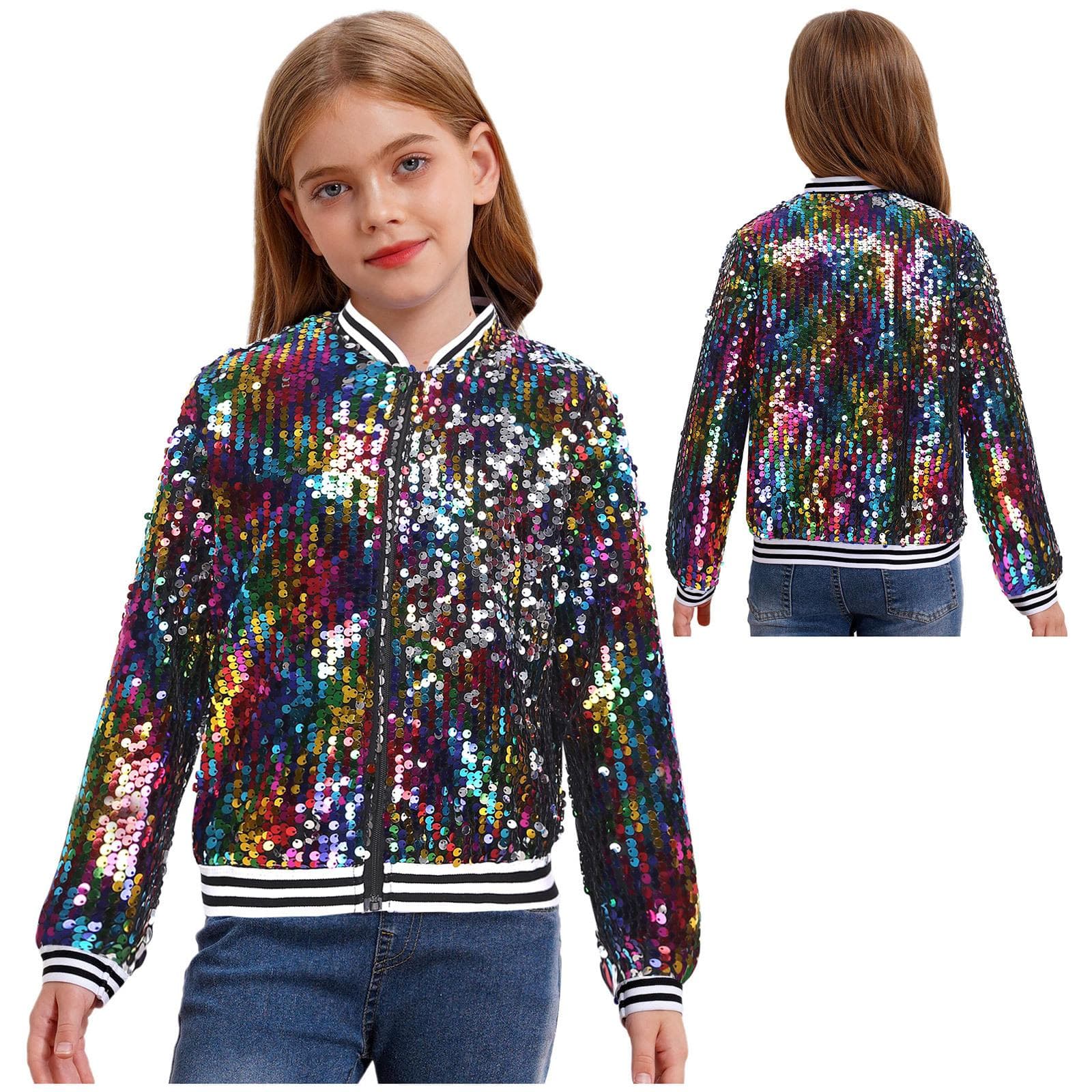 Boys Girls Baseball Jacket Coat Spring Autumn Fashion Sequins Long Sleeve Zipper Outerwear Street Dancing Party Bomber Jackets 15-16 Years multicolour