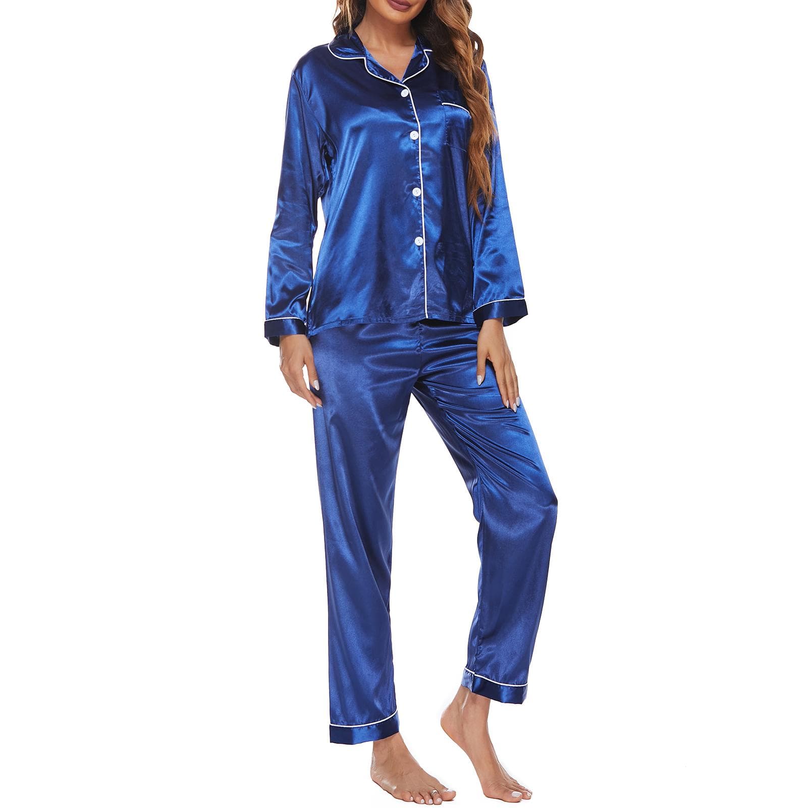 Women Pajamas Set Long Sleeve Notched Collar Button Down Soft Satin Pjs Sleepwear L royal blue