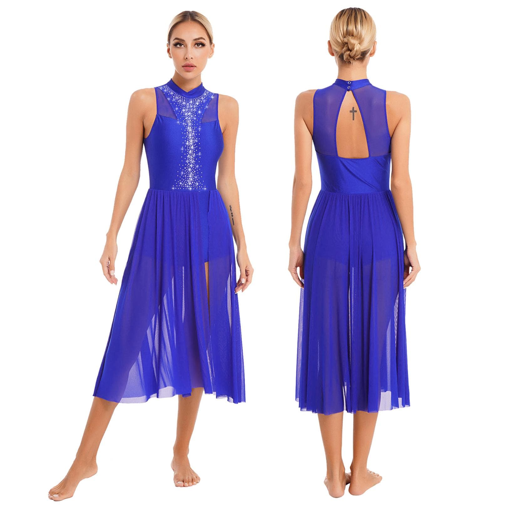 Womens Contemporary Lyrical Dance Dress Ballroom Dance Performance Costume Sleeveless Rhinestone Ballet Leotard Dresses L
