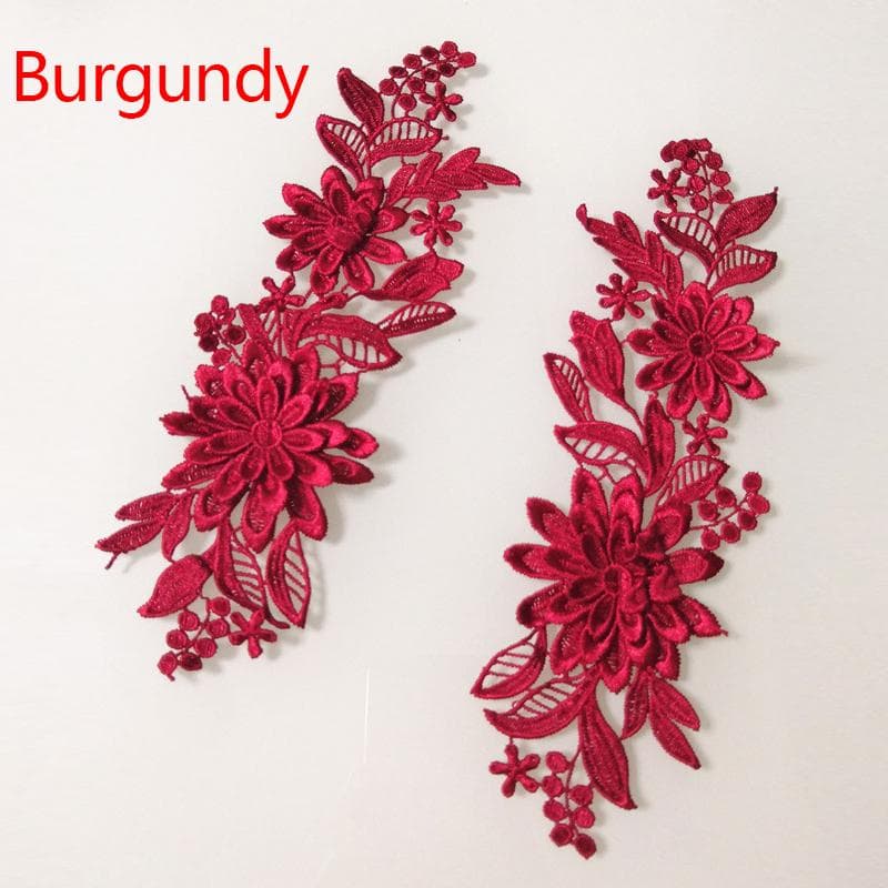 1 Pair Embroidery Applique 3D Lace Trim Flower Fabric Craft Sewing Motif DIY Patches burgundy