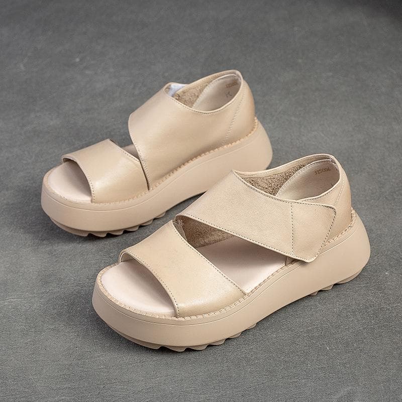Johnature Women Sandals Thick Sole Peep Toe Platform Shoes Genuine Leather Vintage Comfortable Sandals 35 beige