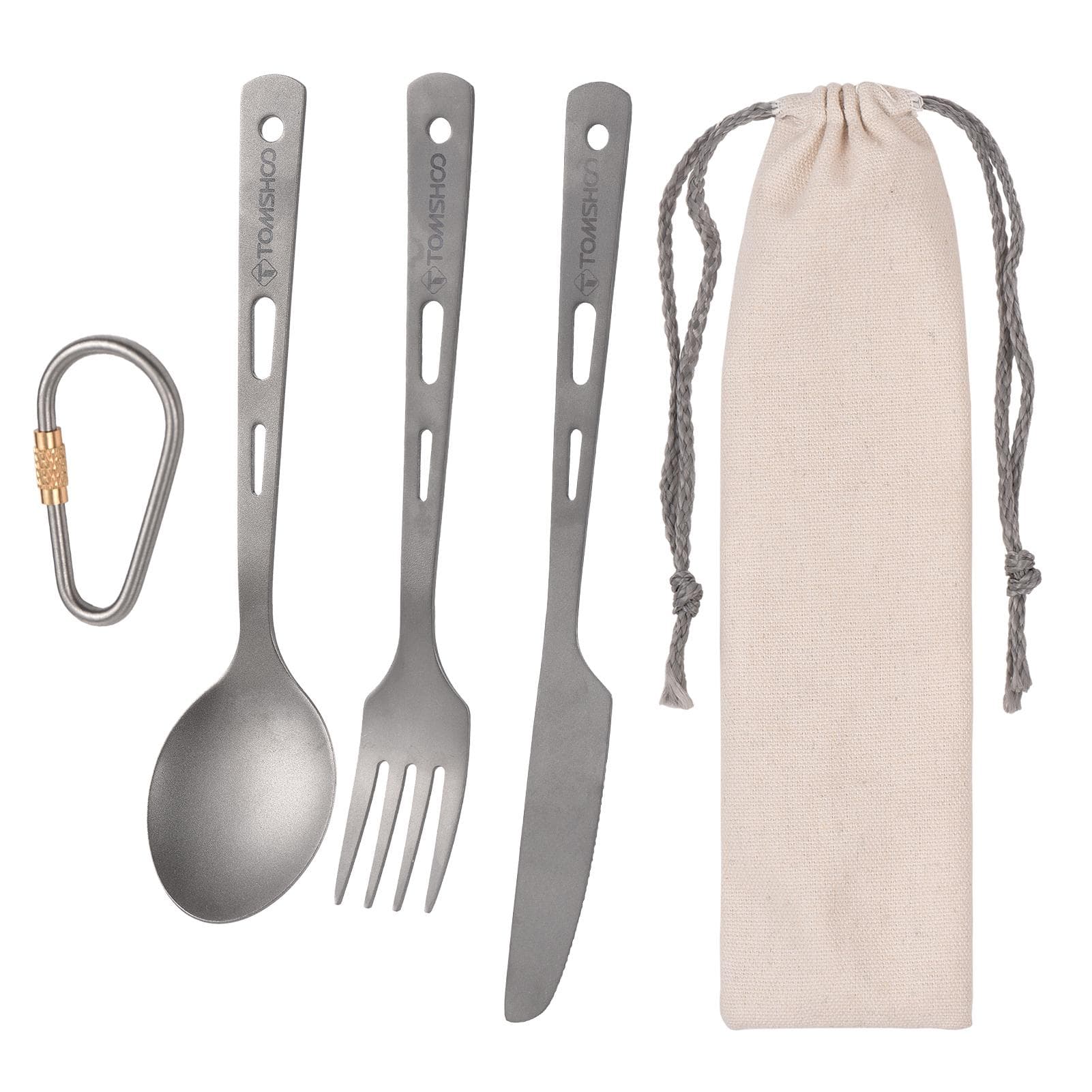 TOMSHOO Titanium 3 Piece Cutlery Set Lightweight Spoon Fork Cutter with Carabiner and Drawstring 3 piece cutlery set