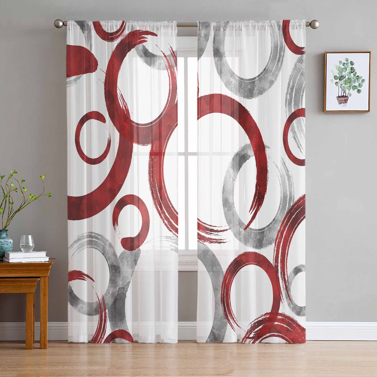 Geometric Paint Brush Circles Red Gray Bedroom Curtains Tulle Sheer Curtain Living Room Home Decor Voile Drapes 135W x 160H(cm) x2