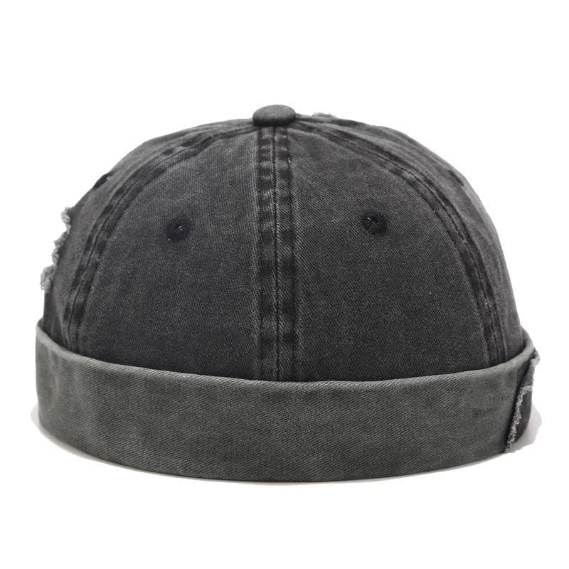 Retro Patch Hole Dome Melon Hat Washed Denim Cotton Brimless Beanie Cap Unisex Docker Sailor Biker Cap Casual Skull Loop Beanie Adult black