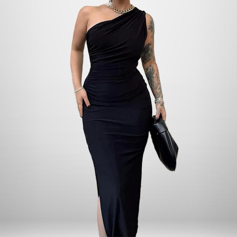 Women's Temperament, Elegant and Fashionable Sexy Solid Color Slit Off-shoulder Backless Dress 3XL black