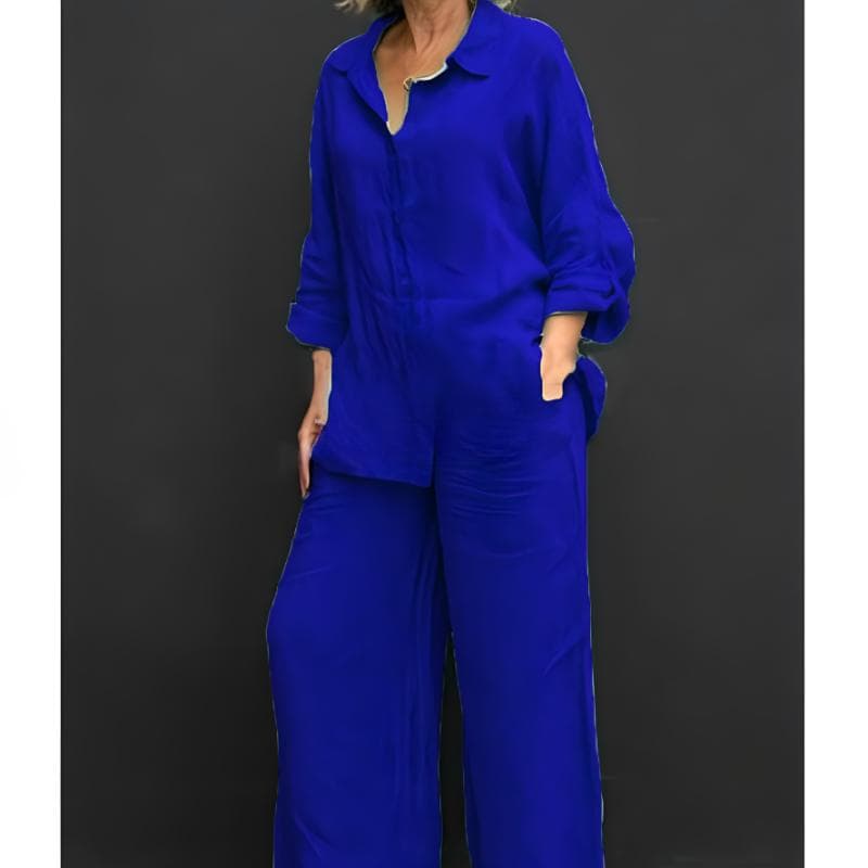 Women Linen Casual Shirt 2 Pieces Set Fashion Lapel Long Sleeve Button Blouse And Trousers Outfits Loose Wide Leg Pants Suits M royal blue