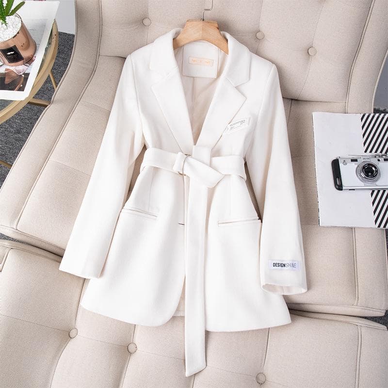Woolen Coat Blazer Women's Autumn and Winter New Korean Style Slim White Suit Women's Top with Belt S white