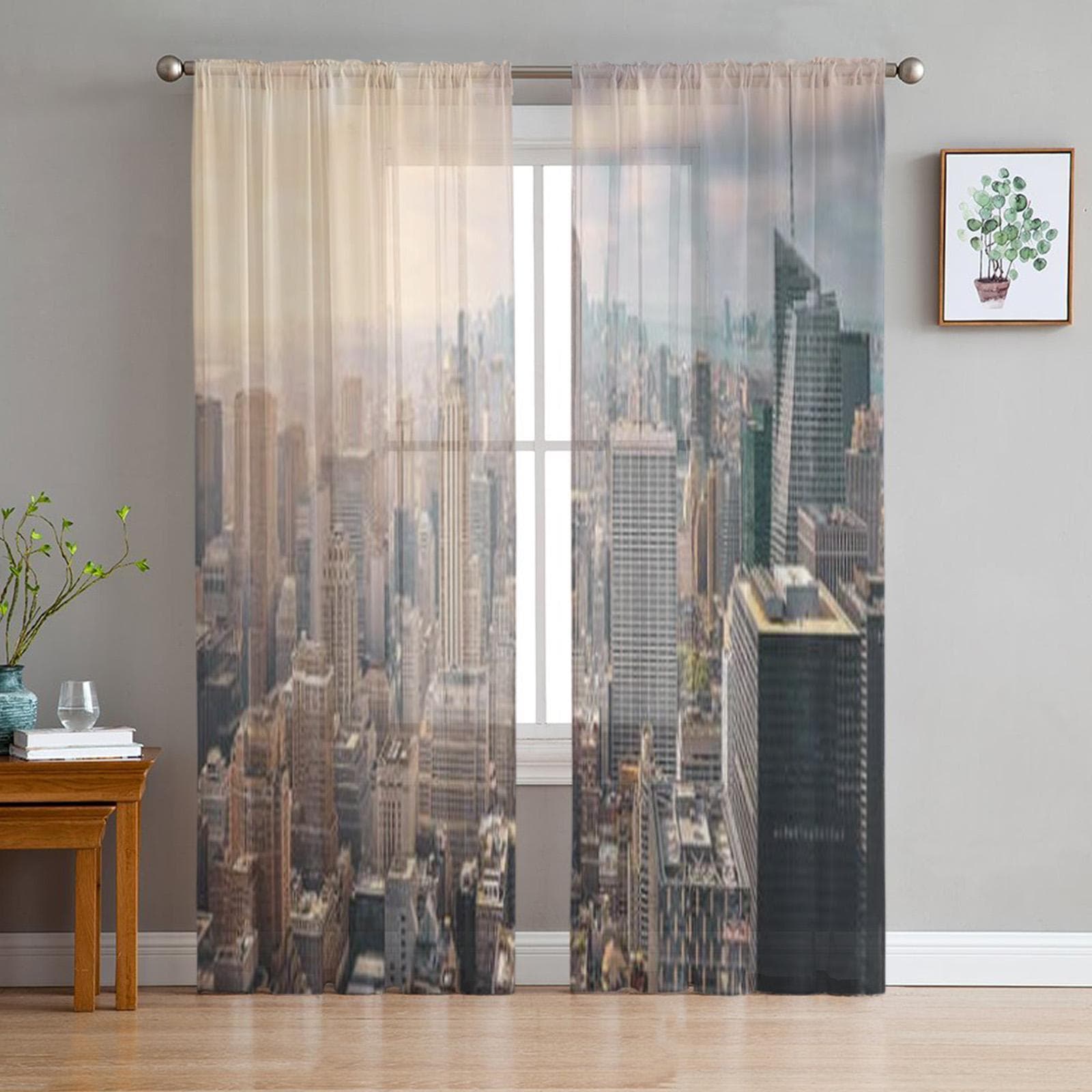 New York City Skyline With Blue Cloudy Sky And Sunbeams Sheer Curtains for Living Room Bedroom Window Voiles Tulle Curtain 135W x 114H(cm)