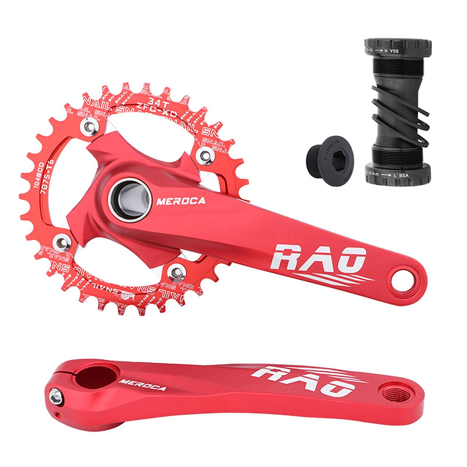 Mountain Bike Right Left Crank Arms Single Crank Ring Bottom Bracket Set 170MM 104BCD Aluminum 34T red