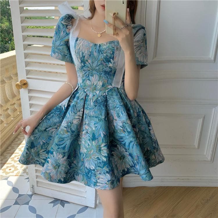 Summer New Bow Short-sleeved Waist Puffy Dress for Women S