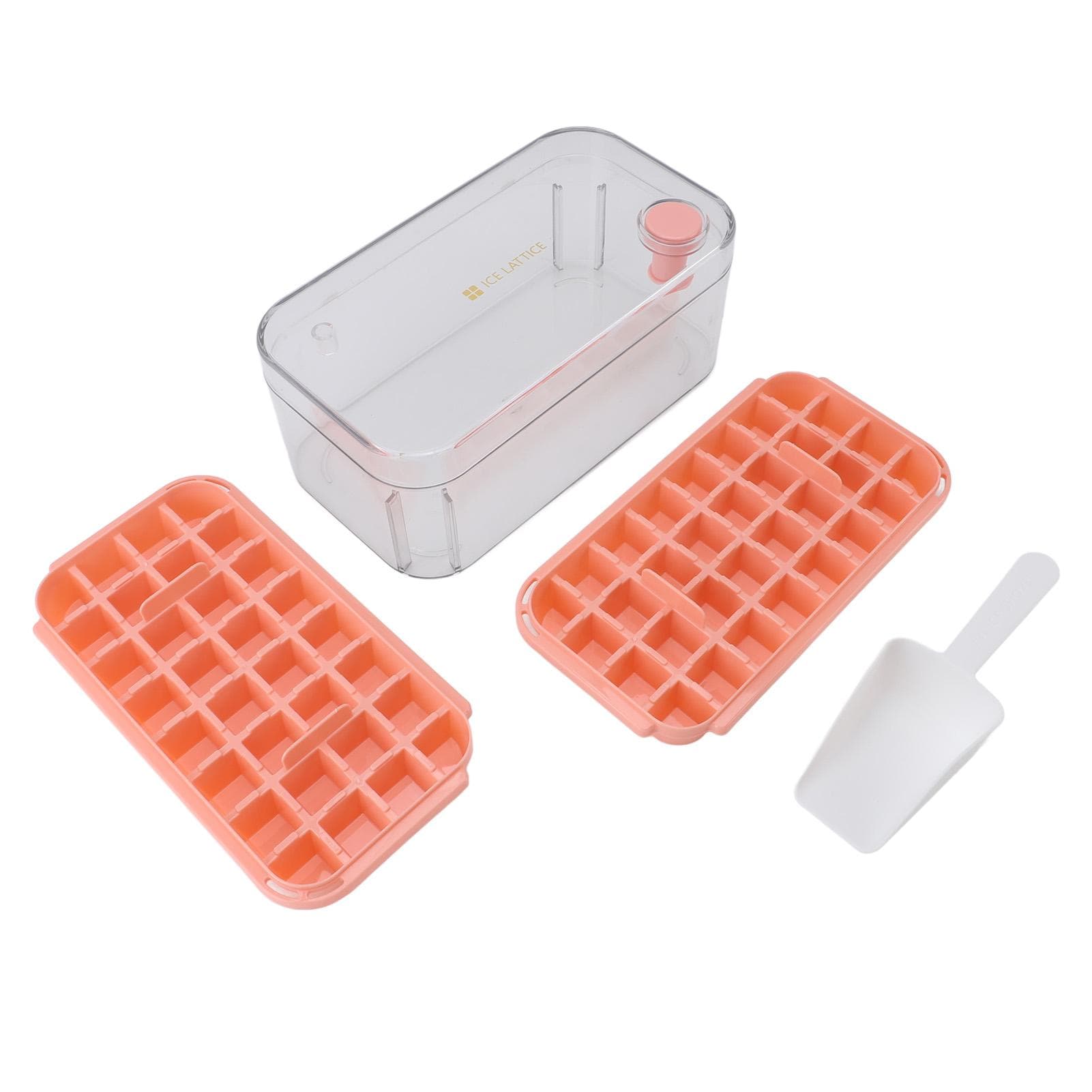 Ice Cubes Tray Easy Release 64 Grids Large Capacity 2 Layer Ice Maker Mould with Lid Bin Scoop for L(for 6.5-9kg) pink