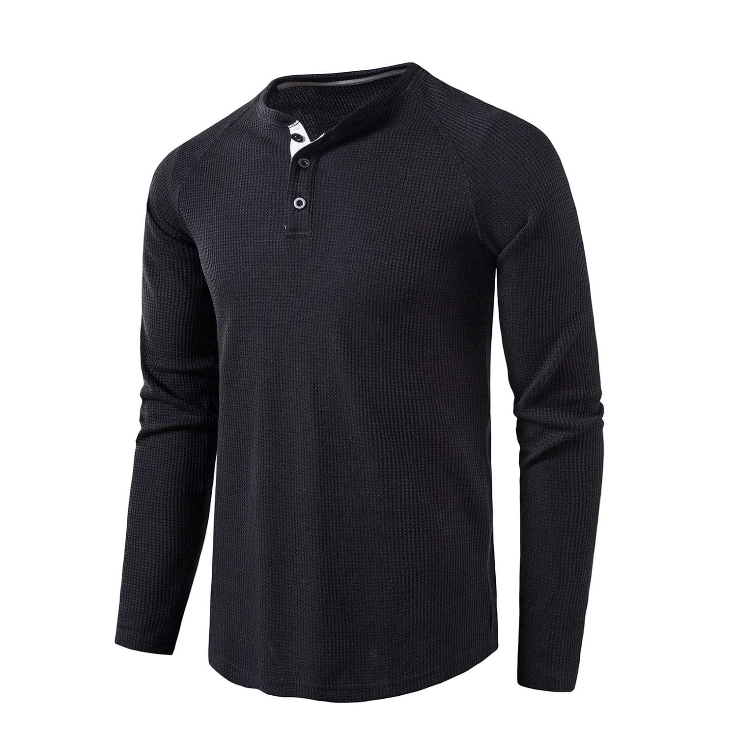 Men’s Waffle Henley Shirts Round Neck Long Sleeves T-Shirt Solid Color Casual Wear Autumn Winter Comfy Shirt L black