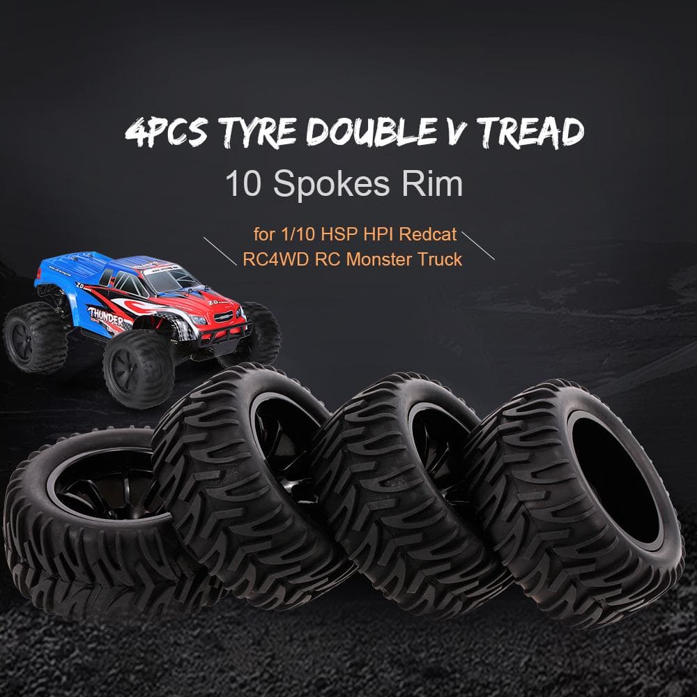 4PCS 1/10 Off-road Tyre Double V Tread Pattern 10 Spokes Rim for 1/10 HSP HPI Redcat RC4WD RC black