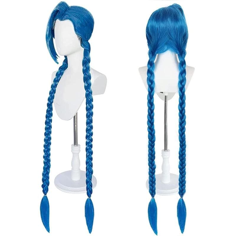 High Quality LOL Jinx Cosplay Wig Long Braided Blue The Loose Cannon Wig Braid Heat Resistant Synthetic Hair Anime Wigs + WigCap One Size
