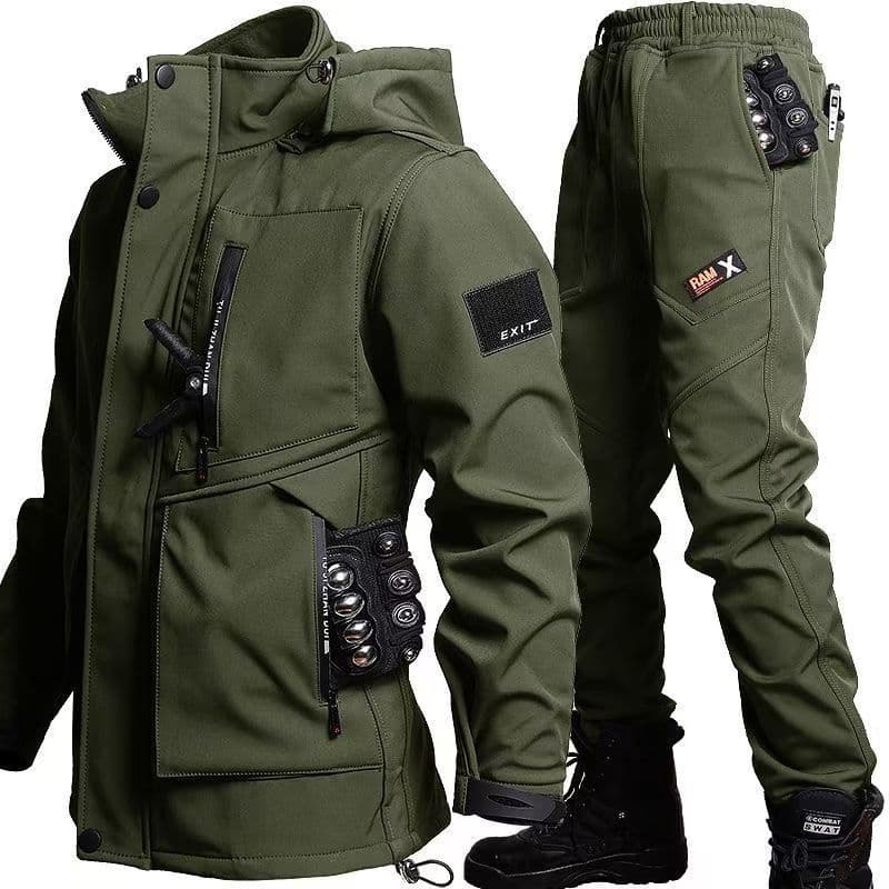 Men's Autumn and Winter Plus Velvet Suit, Anti-wear, Waterproof and Cold-resistant Jacket Suit XL green