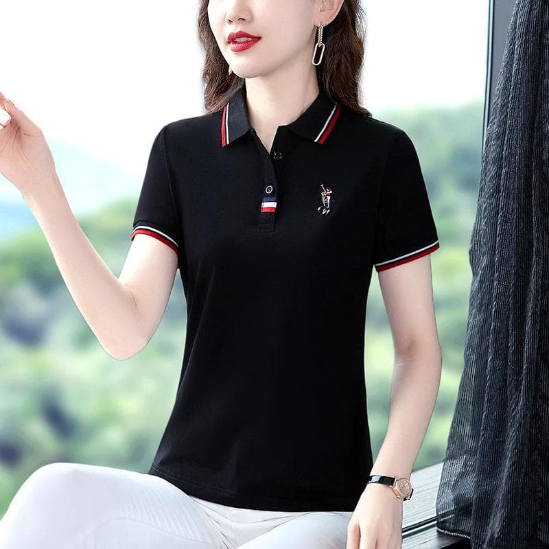 New Lapel Summer Polo T-shirt for Women Summer Short Sleeve Loose Casual Mom Top Large Size T-shirt M