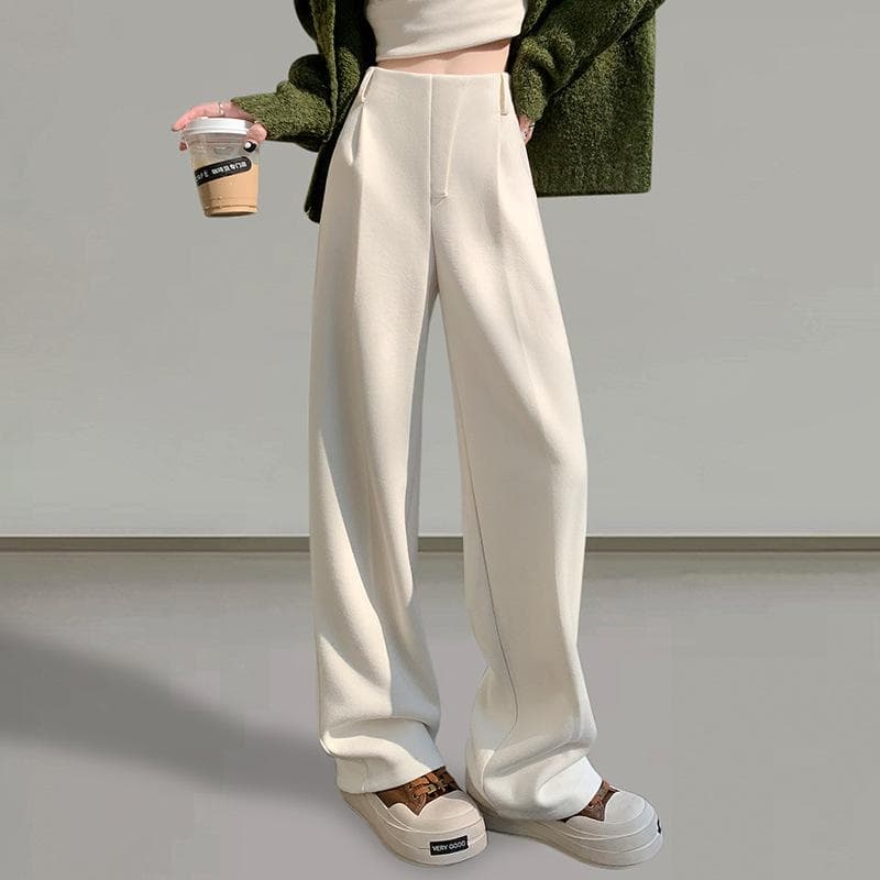 Woolen White Suit Pants for Women In Autumn and Winter Thick Straight Pants Draped High Waist Wide-leg Pants 2XL