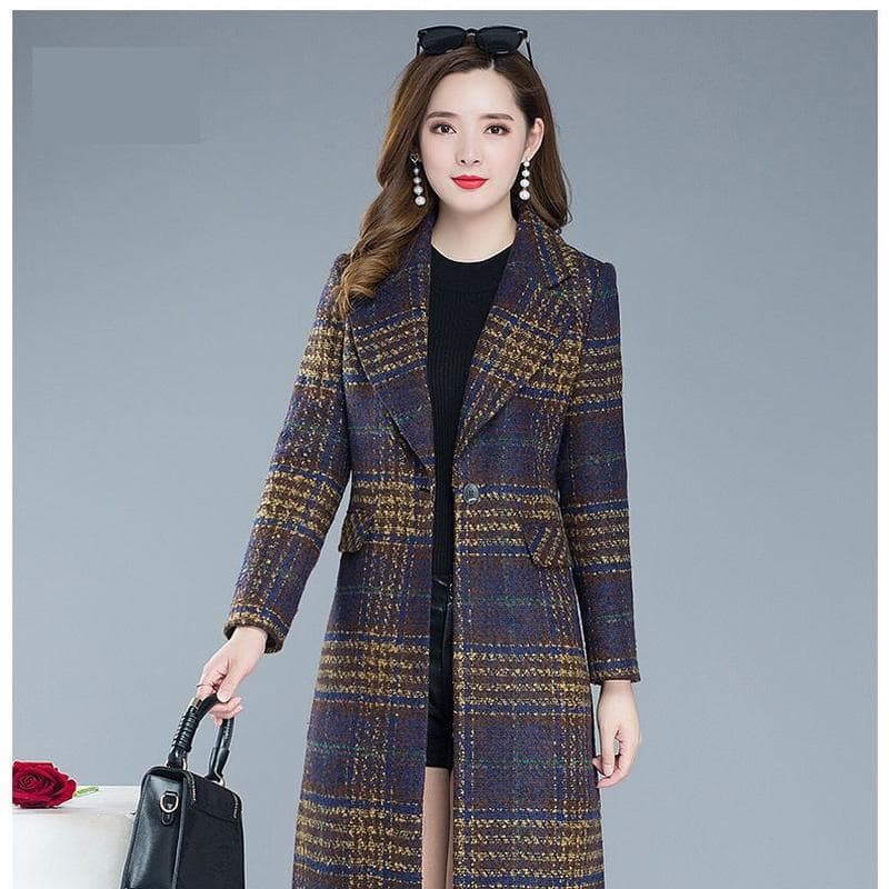 Thicken Plaid Woolen Jacket Women's 5XL Autumn Winter  New Slim Mother Temperament Long Coat Warm Female Casual Overcoat XL