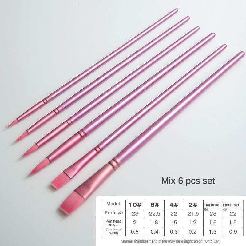 6Pcs Watercolor Brush Pointed Round Flat Head Soft Hair Beginner's Art Student Hand Drawn Watercolor Nylon Painting Material pink