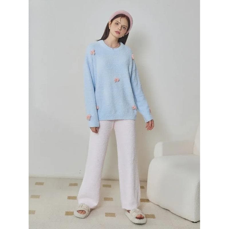 Soft Pajamas for Women Autumn and Winter Half Velvet Cute Bow Loose Suit Suit Home Clothes One Size