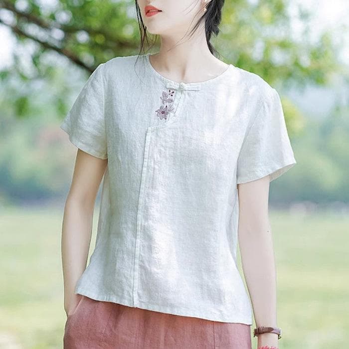 Cotton and Linen Chinese Style T-shirt Retro Women's Summer New Loose Casual Top Short Sleeves 2XL