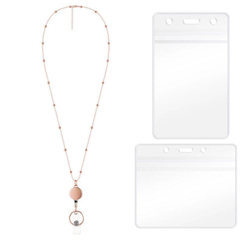Retractable Badge Reel Lanyard ID Card Holders Stainless Steel Chain Necklaces Keychain Clip for Women Men Employee Wholesale rose gold