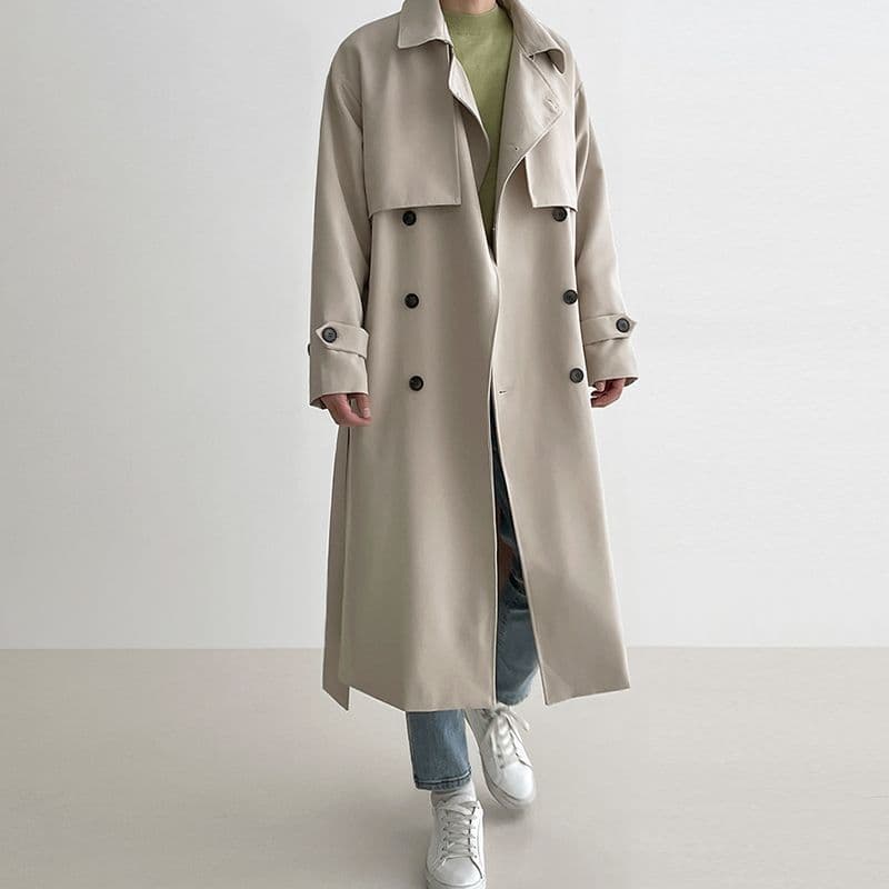 Windbreaker Men's Mid-Length Spring Korean Style Loose and Trendy British Double-breasted Over-the-Knee Jacket Casual Coat M